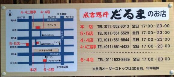 だるま（札幌ジンギスカン）の本店支店MAP